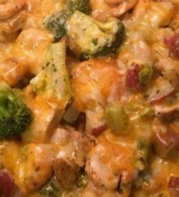 Chicken, Sautéed Shrimp, Red Skin potatoes, Broccoli and a 3 cheese blend!